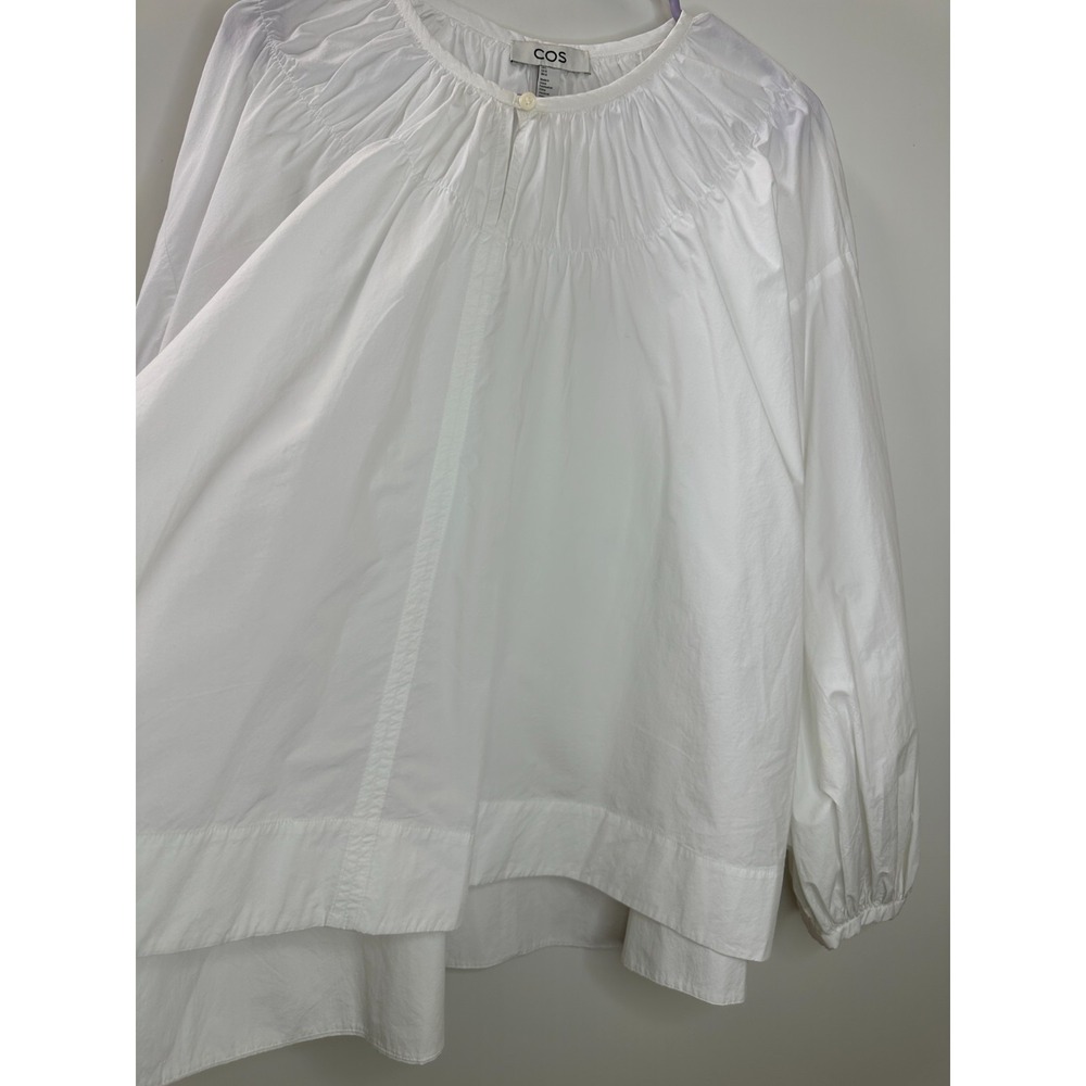 COS White Cotton Poplin Oversized Gathered Neckline Blouse Large Popover Top - Picture 3 of 12